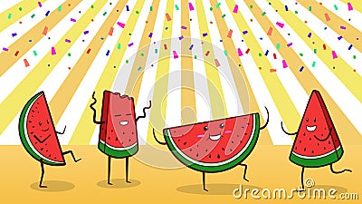 Watermelon Summer Party â€“ group of four happy watermelon characters dancing Vector Illustration